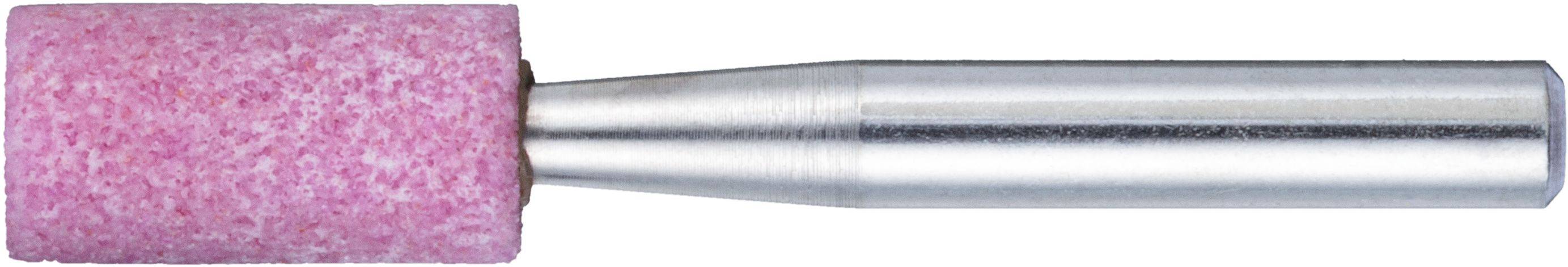 Ein rosa Schleifstein mit einem Metallschaft, der zum Schärfen oder Formen von Metall und anderen Materialien verwendet wird.