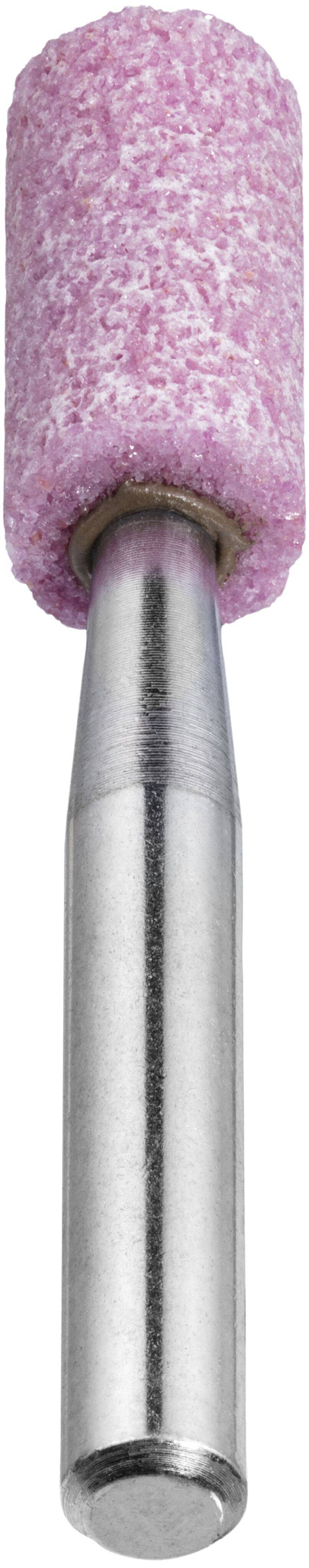 Ein zylindrischer Metalleinsatz mit einer rosa Schleifsteinoberfläche, der zum Schleifen oder Polieren von Oberflächen verwendet wird.