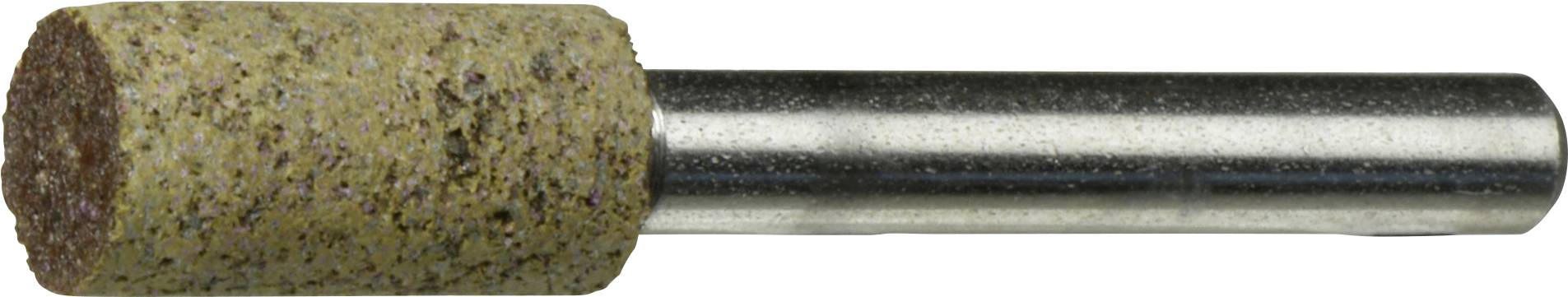 Ein zylindrischer Schleifstein mit strukturierter Oberfläche ist an einem glatten Metallschaft befestigt und wird für Polier- oder Schleifaufgaben verwendet.