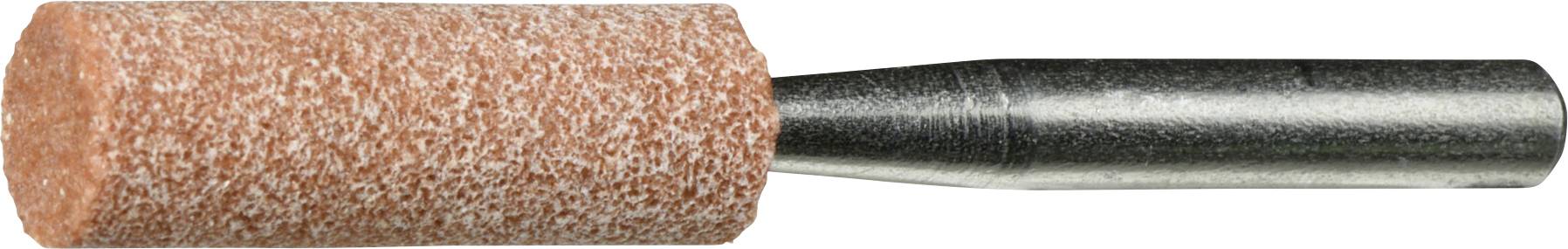 Ein zylindrischer Schleifstein mit einer strukturierten orangefarbenen Oberfläche und einem metallischen Schaft, der zum Formen oder Glätten von Oberflächen verwendet wird.