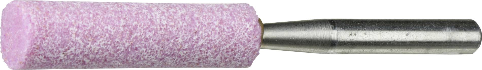 Ein zylindrischer rosa Schleifstein mit metallischem Schaft, der zum Glätten von Oberflächen in mechanischen Anwendungen verwendet wird.