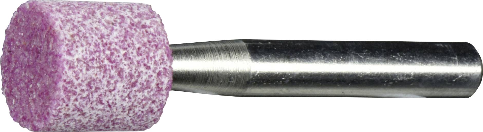 Ein zylindrischer rosa Schleifstein mit einem Metallschaft, der zum Formen und Glätten von Oberflächen verwendet wird.