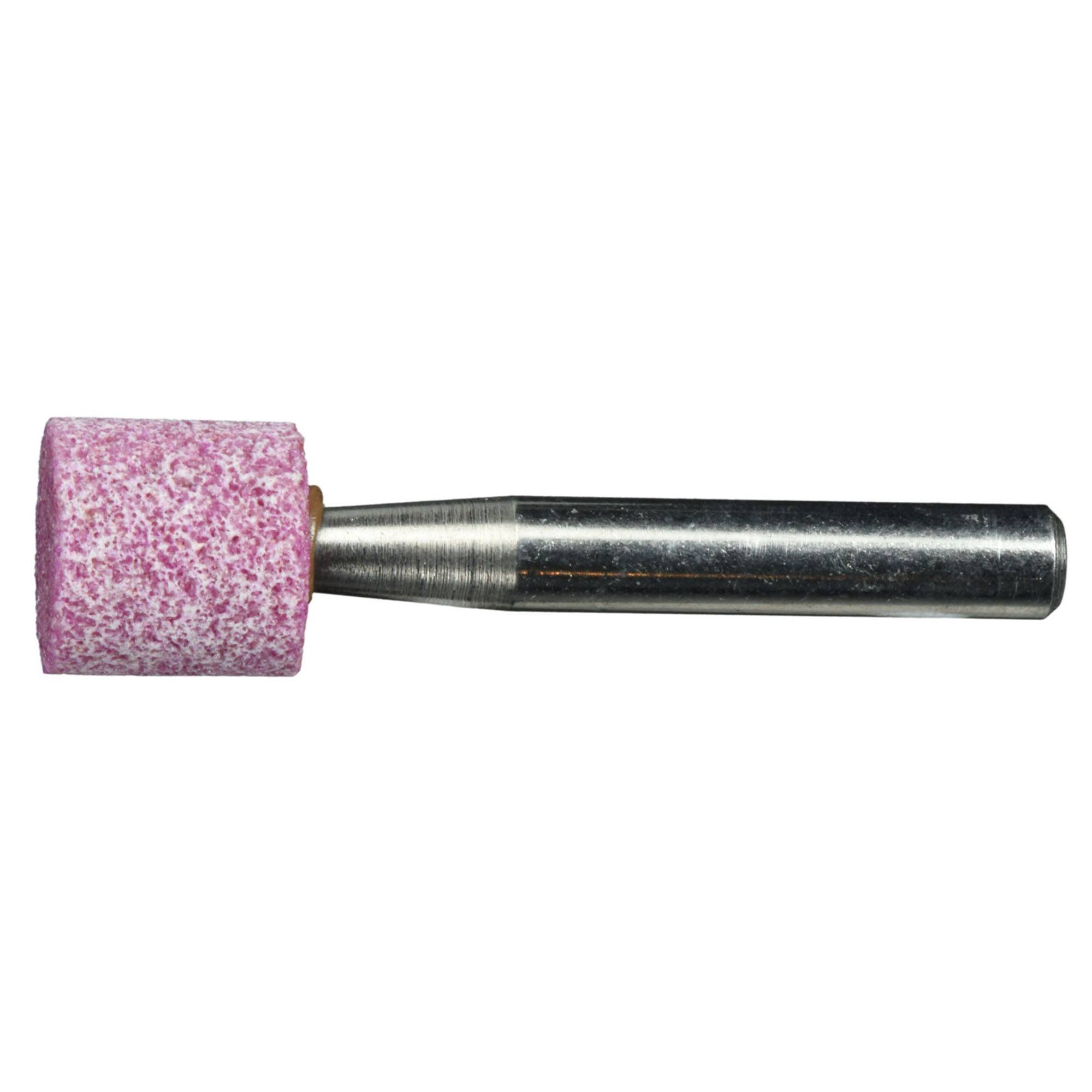 Ein zylindrischer Schleifstein mit einer rosa Schleifoberfläche, der an einem Metallschaft befestigt ist und zum Polieren oder Schleifen von Oberflächen verwendet wird.