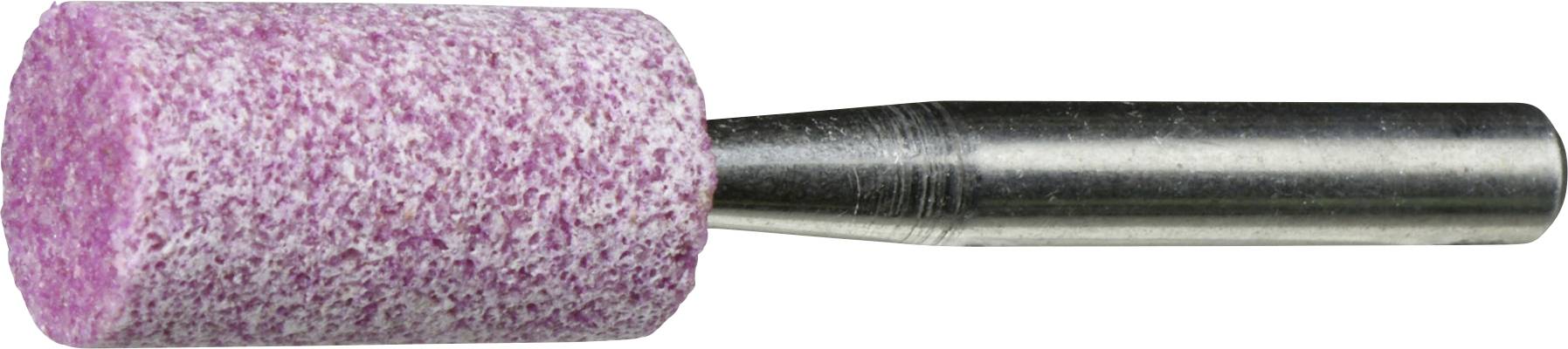 Ein zylindrischer rosa Schleifstein mit Metallschaft, verwendet zum Schärfen oder Polieren von Oberflächen.