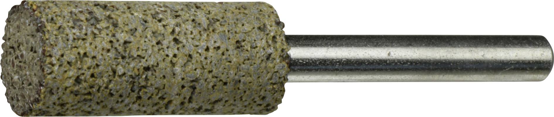 Ein zylindrischer Schleifstein mit einer strukturierten, rauen Oberfläche, der an einer Metallachse befestigt ist und zum Schärfen oder Glätten von Oberflächen verwendet wird.