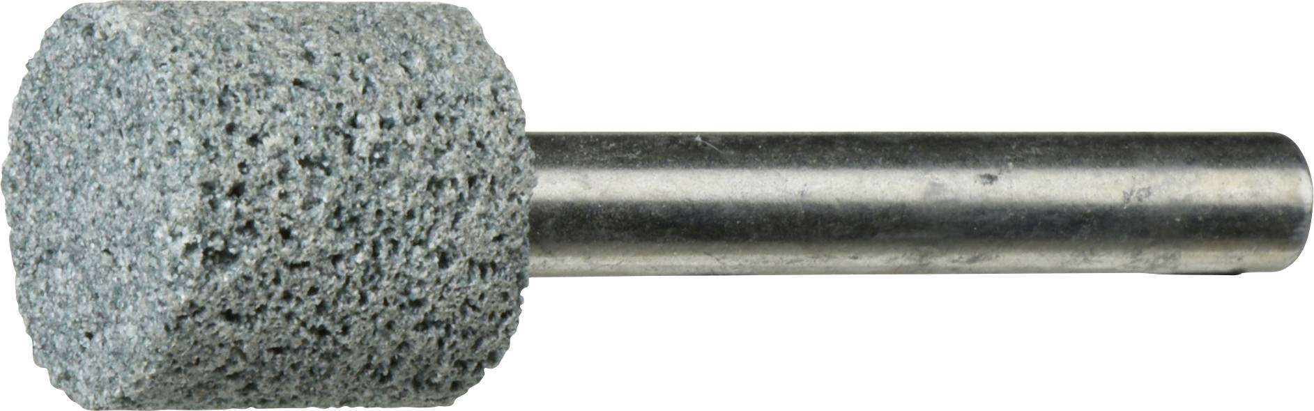 Ein zylindrischer Schleifstein mit rotierender Bewegung, einer strukturierten grauen Oberfläche und einem Metallschaft, der zum Formen oder Glätten von Materialien verwendet wird.