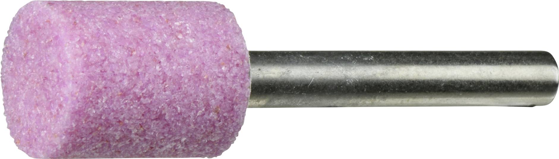 Ein rosa zylindrischer Schleifstein, der an einer Metallstange befestigt ist, zum Schärfen oder Glätten von Oberflächen.