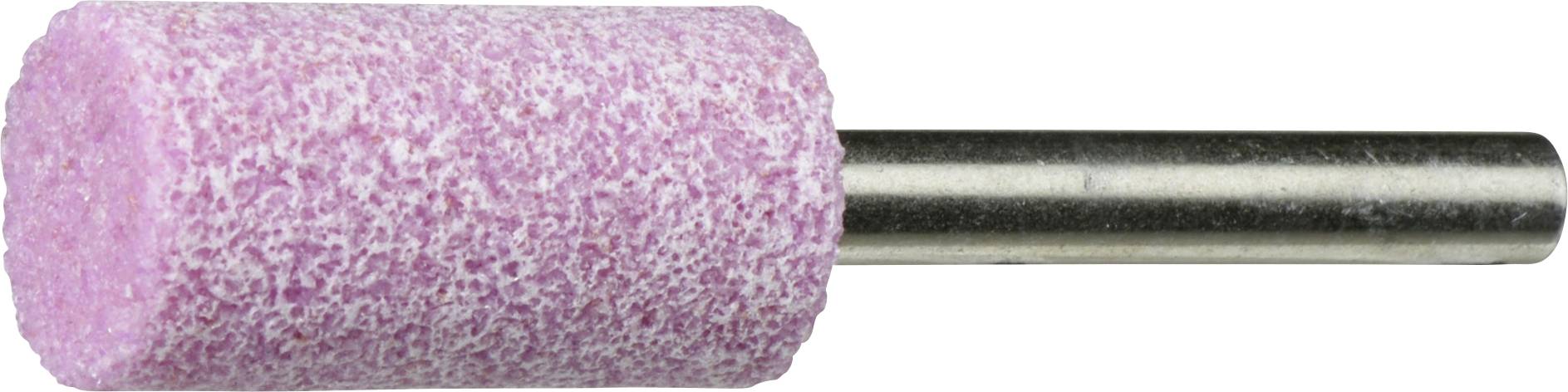 Ein rosa zylindrischer Schleifstein, der an einer Metallachse befestigt ist und zum Schärfen oder Formen von Metalloberflächen verwendet wird.