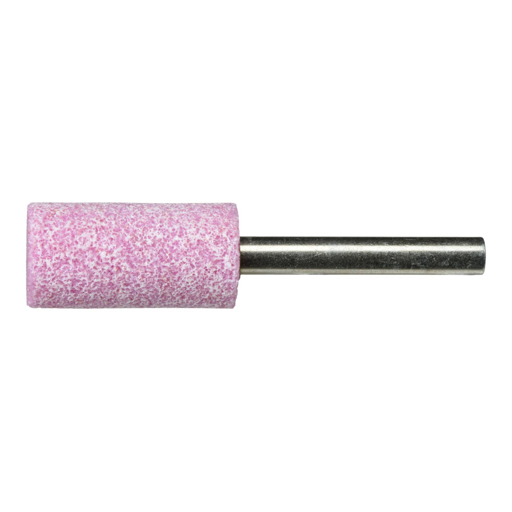 Ein zylindrischer rosa Schleifstein mit Metallschaft, der zum Schärfen oder Formen von Materialien verwendet wird.