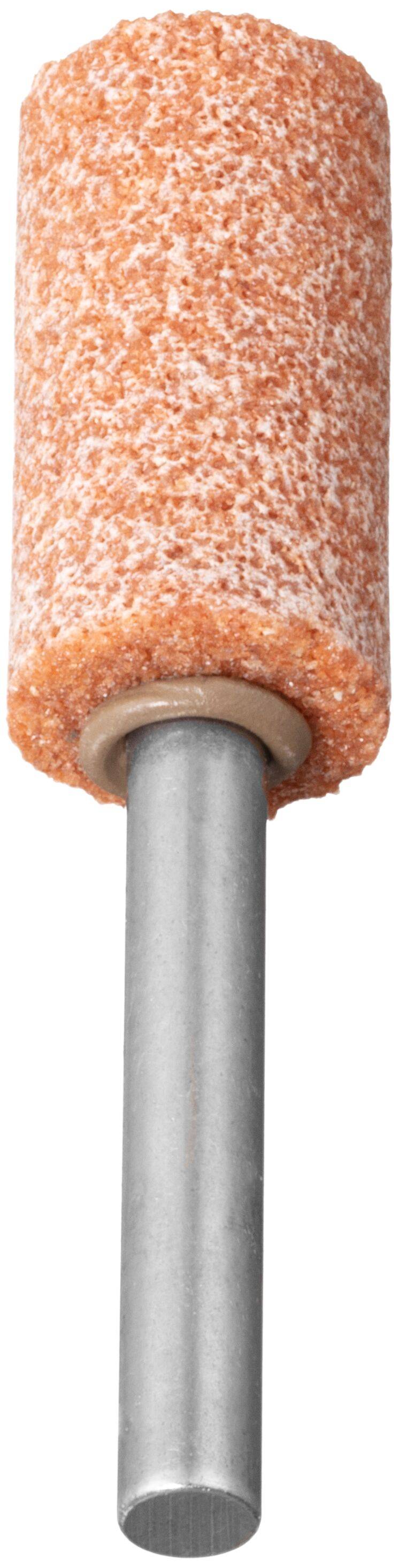 Schleifstein mit einem zylindrischen orangefarbenen Schleifkopf und einem Metallschaft, der zum Schärfen oder Formen von Metallwerkzeugen verwendet wird.