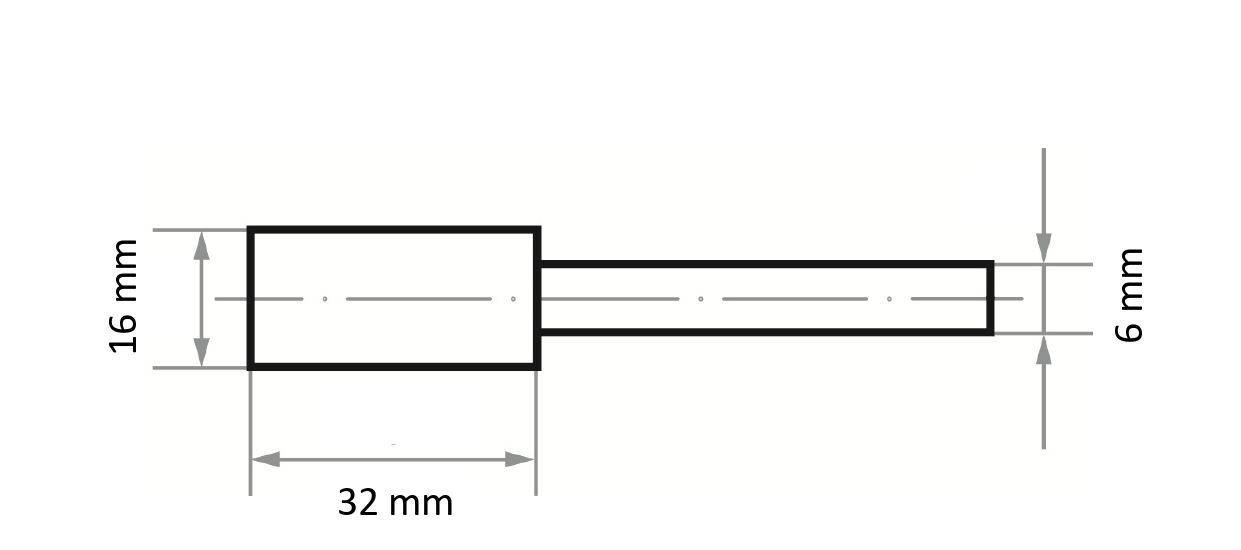 Diagramm eines zylindrischen Objekts mit Maßangaben: Breite 32 mm, Höhe 16 mm an einem Ende, sich zum anderen Ende auf 6 mm verjüngend.
