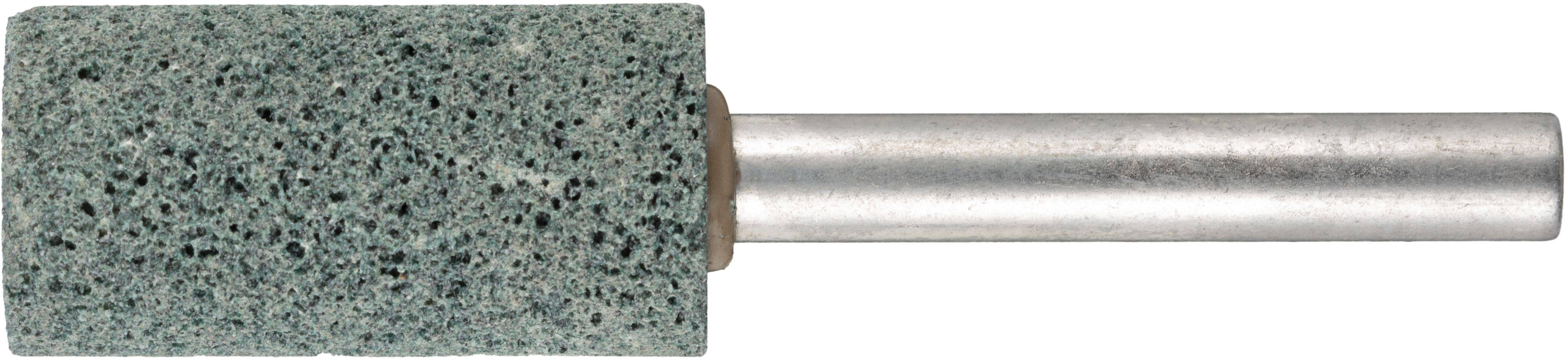 Ein zylindrischer grauer Schleifstein mit Metallschaft, der zum Schleifen oder Polieren von Oberflächen verwendet wird, ist vor einem weißen Hintergrund zu sehen.