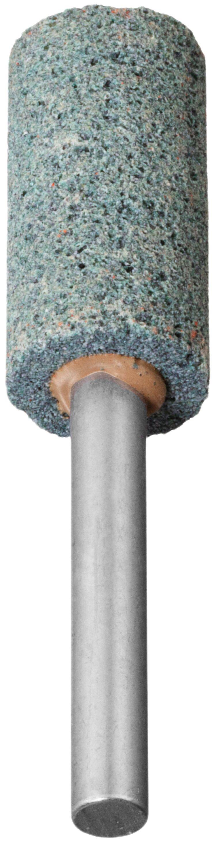 Ein zylindrischer Schleifstein, der auf einer Metallwelle montiert ist, wird zum Schärfen oder Glätten von Oberflächen verwendet. Der Stein ist petrolfarben und hat eine raue Textur.