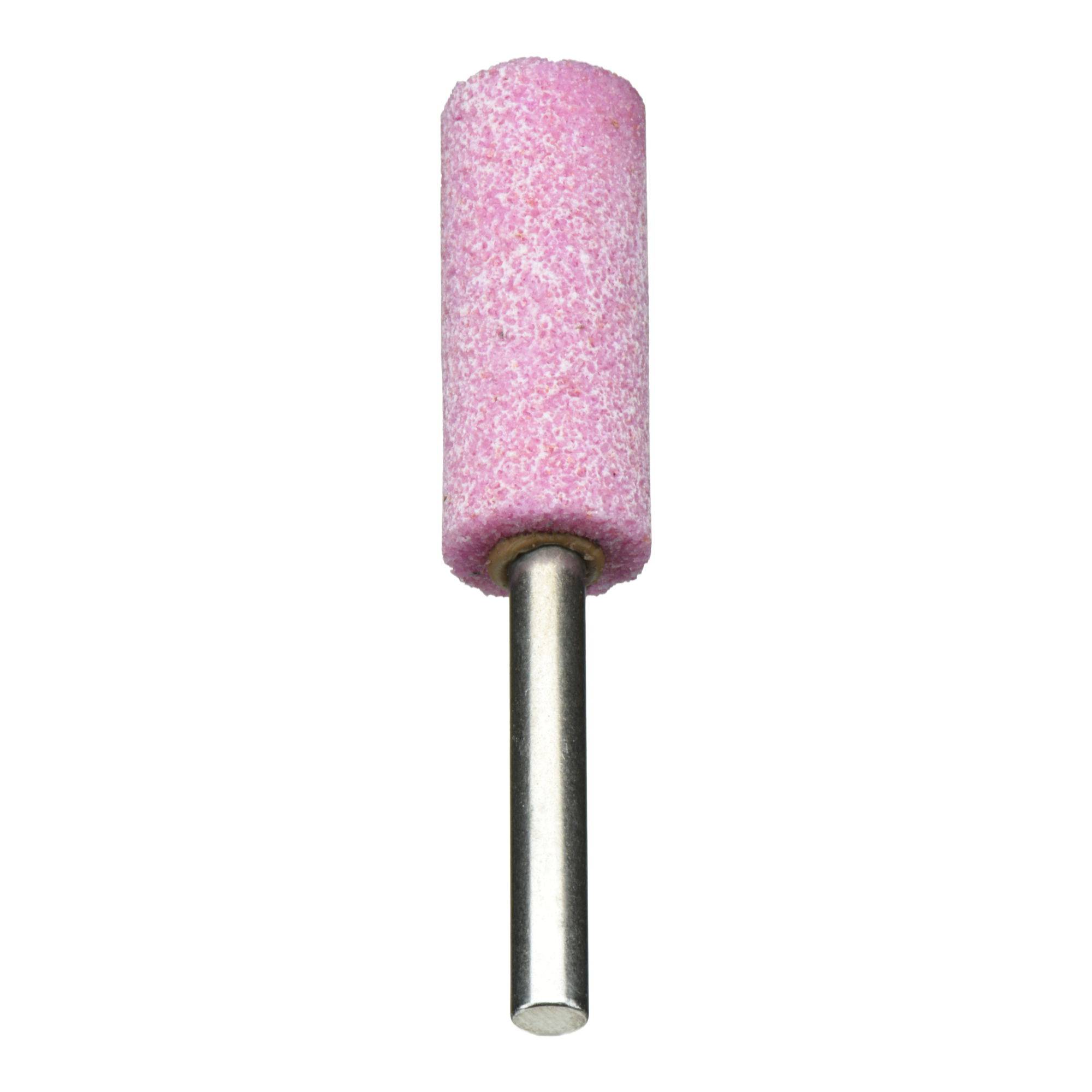 Ein rosa zylindrischer Schleifstein mit metallischem Schaft wird zum Glätten oder Schärfen von Oberflächen verwendet.