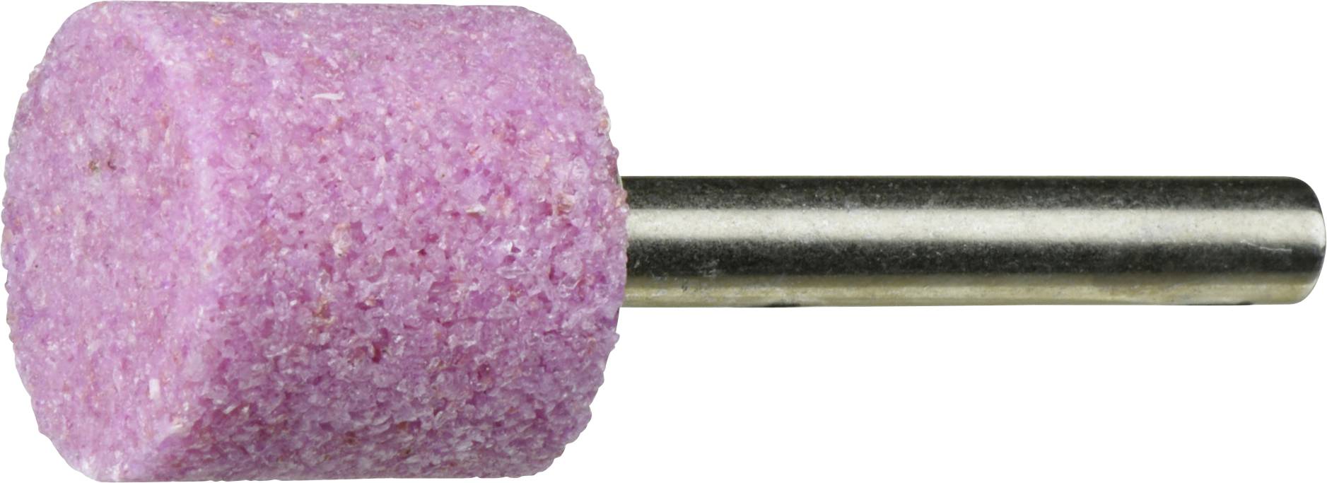 Ein rosa zylindrischer Schleifstein mit Metallschaft für Rotationswerkzeuge, üblicherweise zum Schleifen oder Formen von Materialien verwendet.
