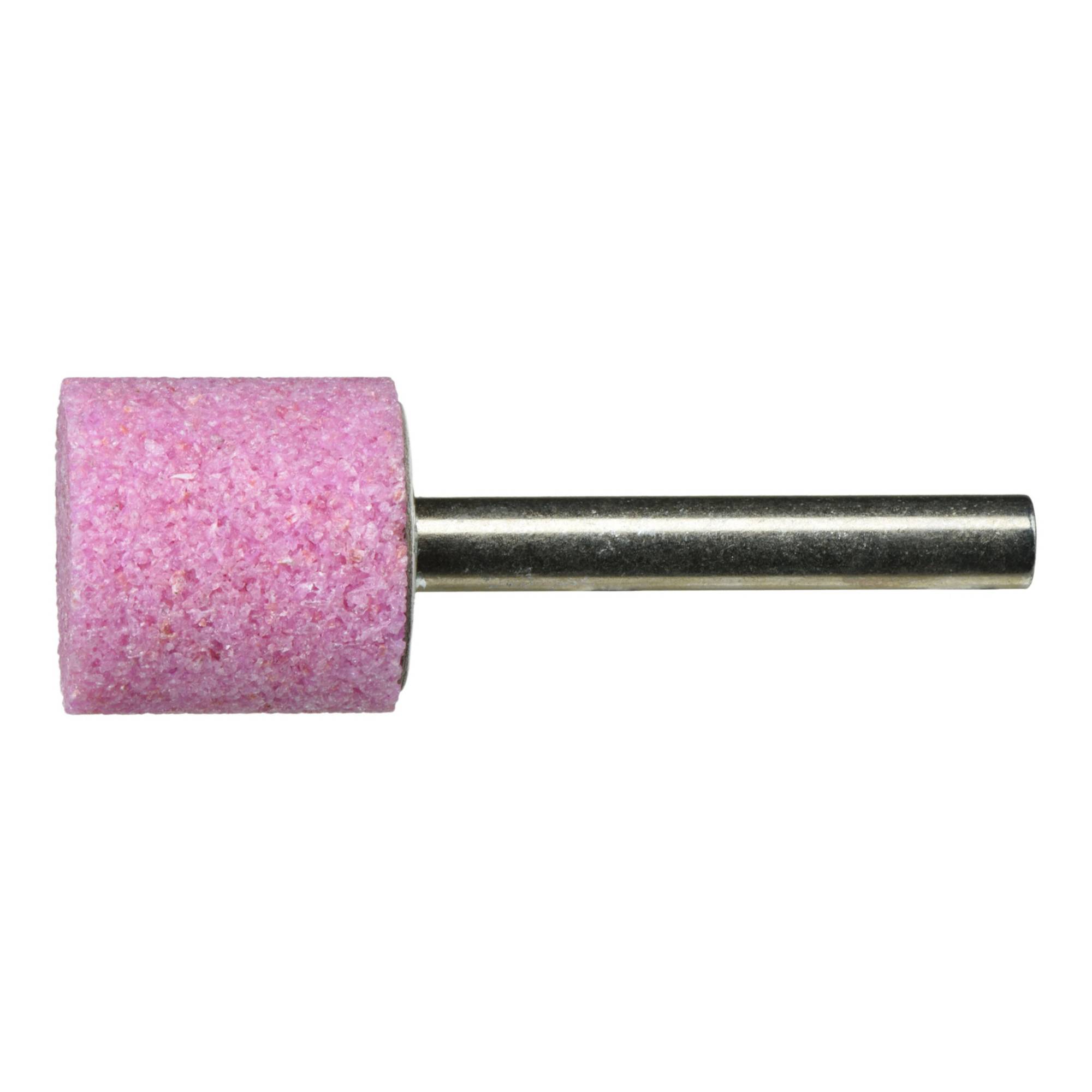Ein zylindrischer rosa Schleifstein mit Schaftaufnahme aus Metall, der häufig zum Schärfen, Formen oder Entgraten von Metalloberflächen verwendet wird.