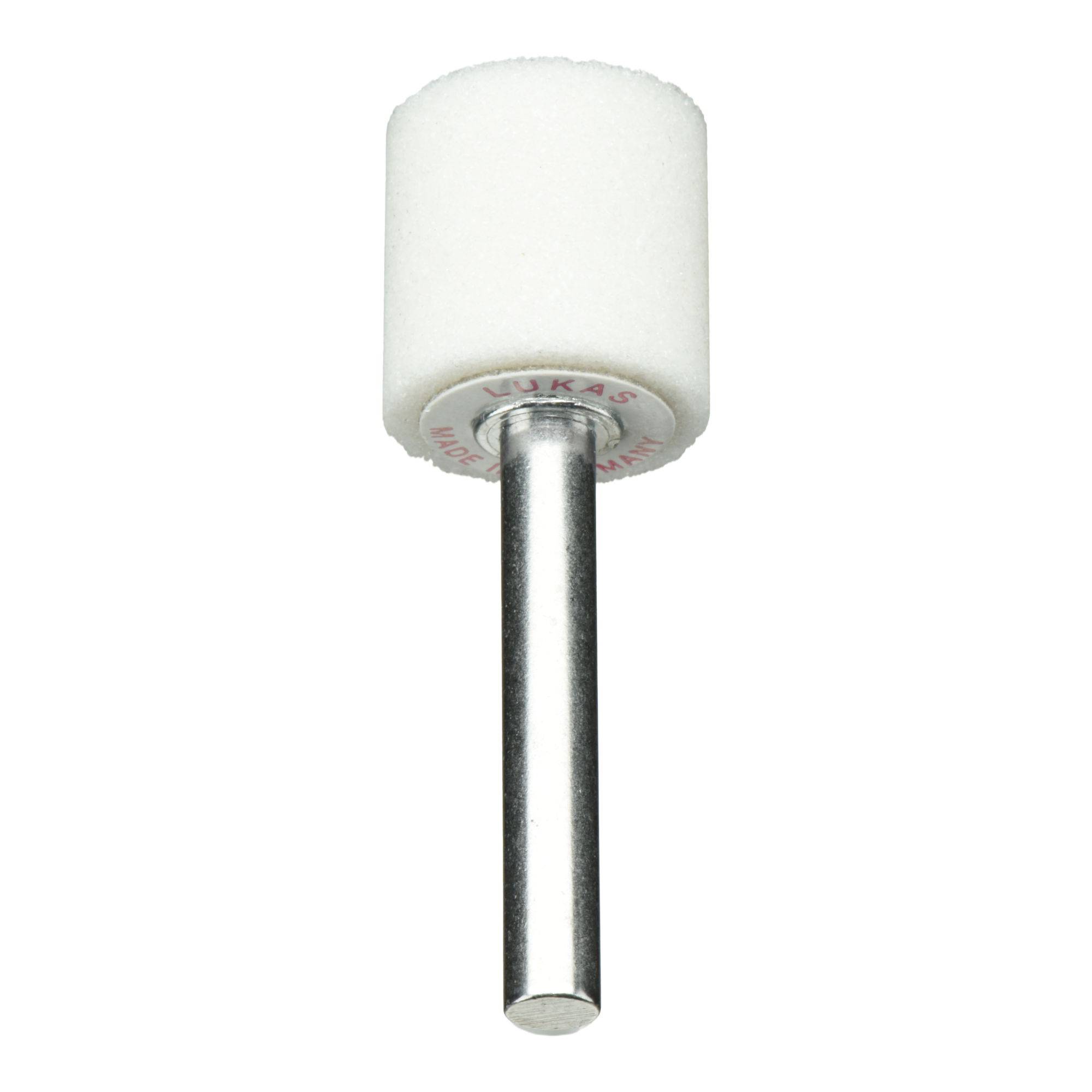 Ein zylindrischer weißer Polierwerkzeug mit einer Metallstange, möglicherweise für Dental- oder Schmuckarbeiten verwendet, vor einem einfarbigen Hintergrund.