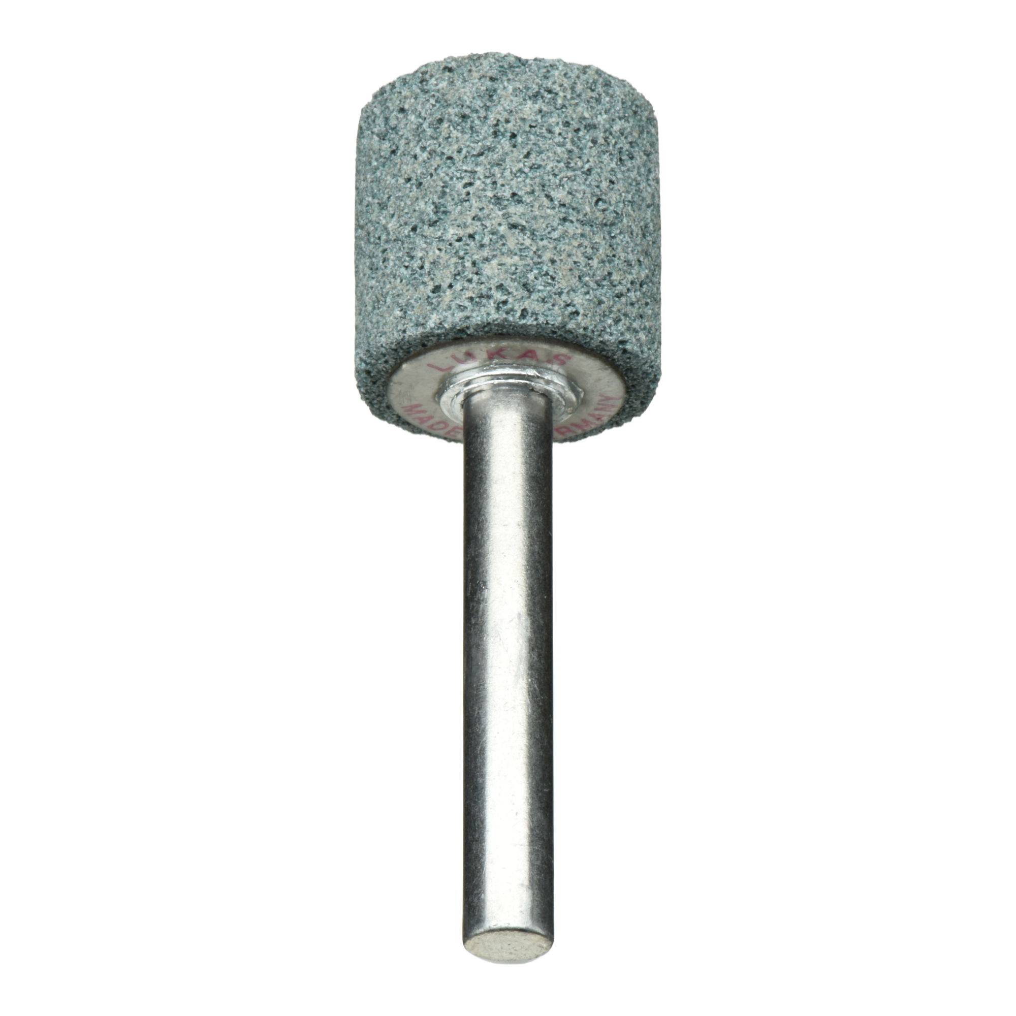 Ein zylindrischer Schleifstein mit einem Metallschaft, der zum Schärfen oder Glätten von Metalloberflächen verwendet wird.