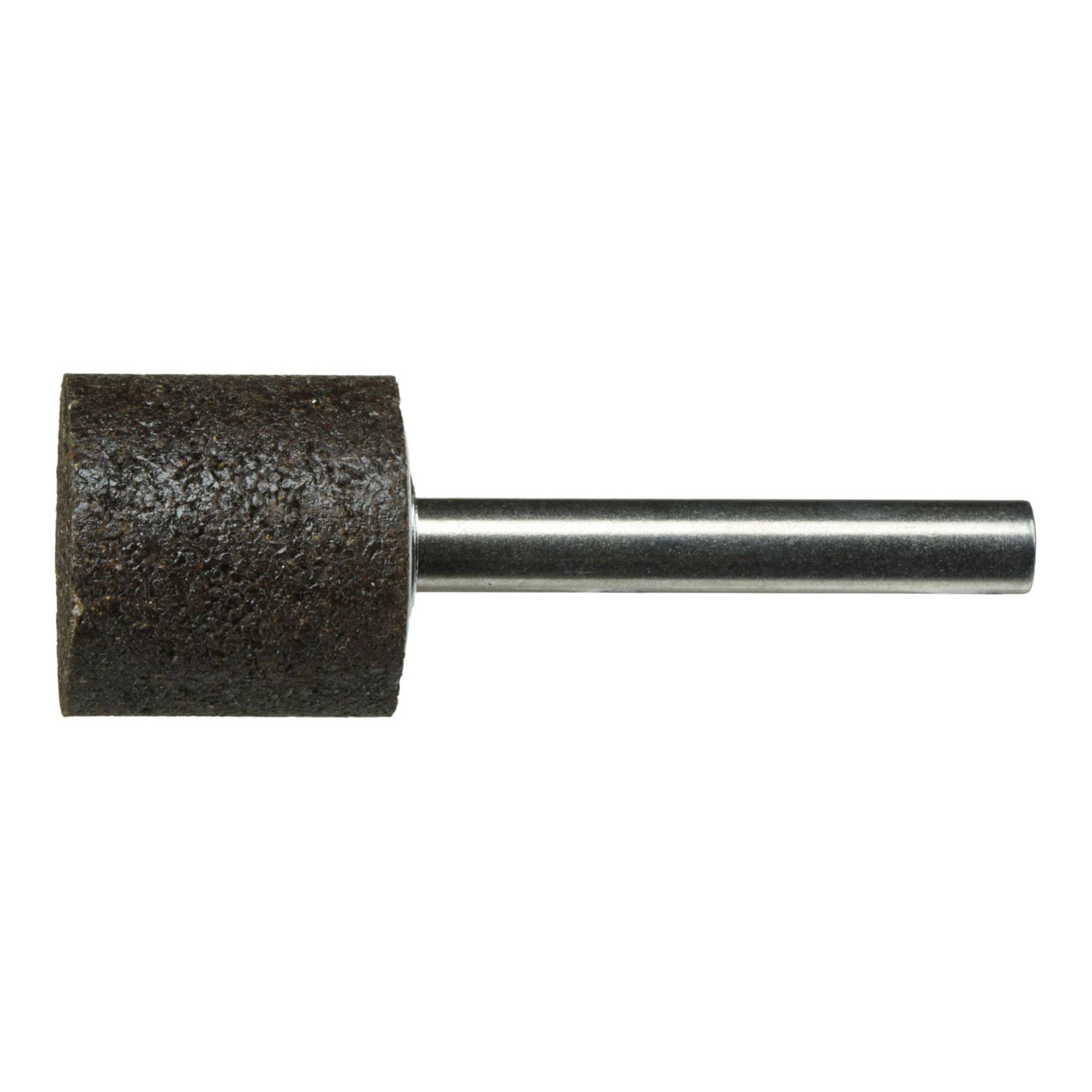 Ein zylindrischer Schleifstein mit Metallschaft, entwickelt zum Schleifen oder Polieren von Oberflächen, vor einem weißen Hintergrund platziert.