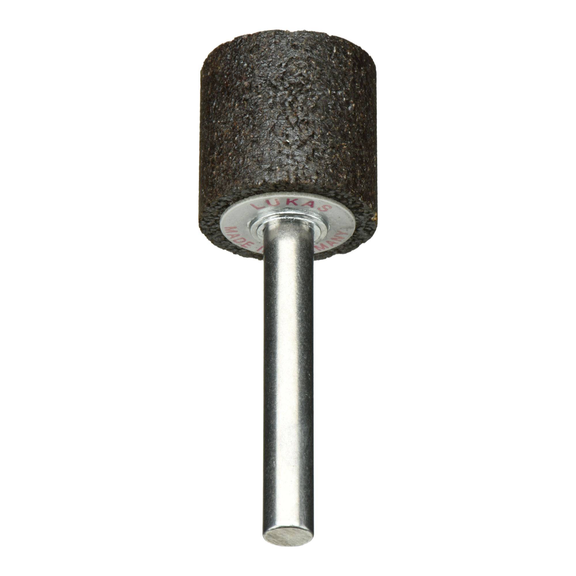 Ein zylindrischer Schleifstein mit strukturierter Oberfläche, der auf einem Metallschaft befestigt ist und für Elektrowerkzeuge verwendet wird, typischerweise zum Glätten von Oberflächen.