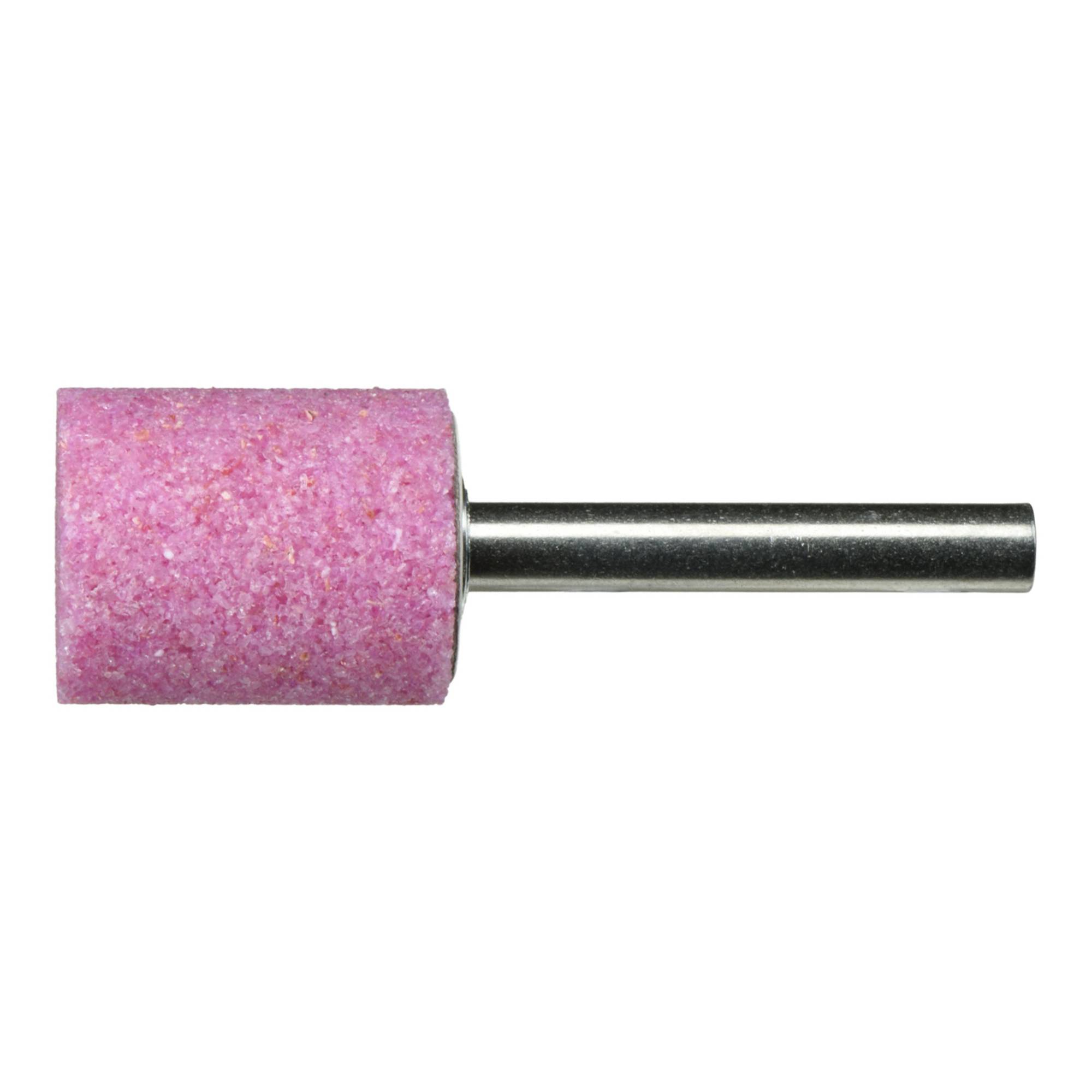 Ein zylindrischer rosa Schleifstein mit einem Metallschaft, der zum Schleifen oder Formen von Materialien verwendet wird.