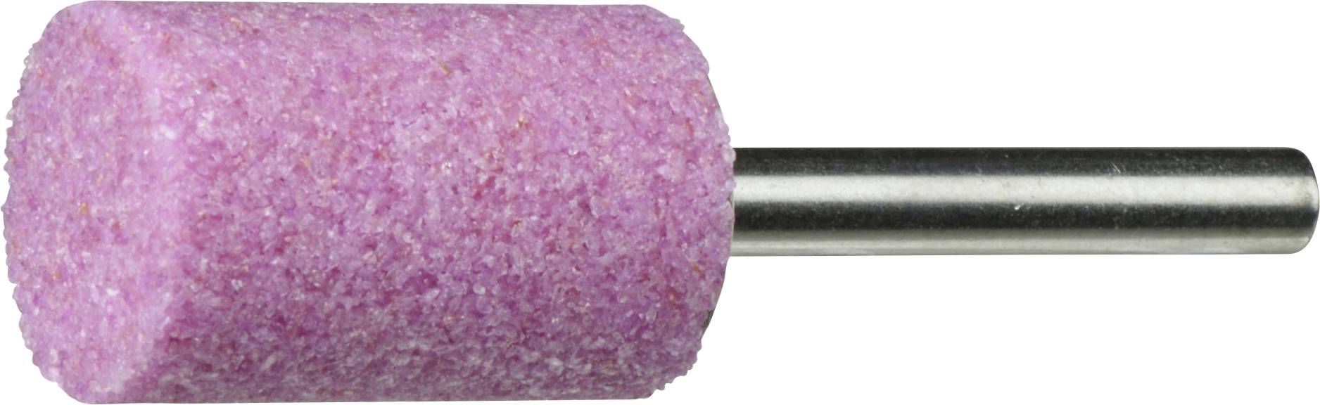 Ein zylindrischer rosa Schleifstein mit einem Metallschaft, der zum Formen oder Glätten von Oberflächen bei Metall- oder Holzbearbeitungsaufgaben verwendet wird.