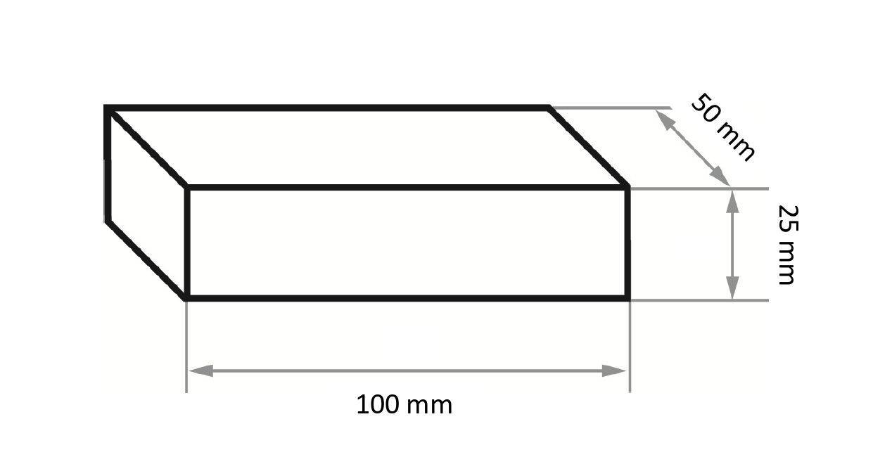 Ein 3D-Quader mit beschrifteten Abmessungen: 100 mm Länge, 50 mm Breite, 25 mm Höhe.