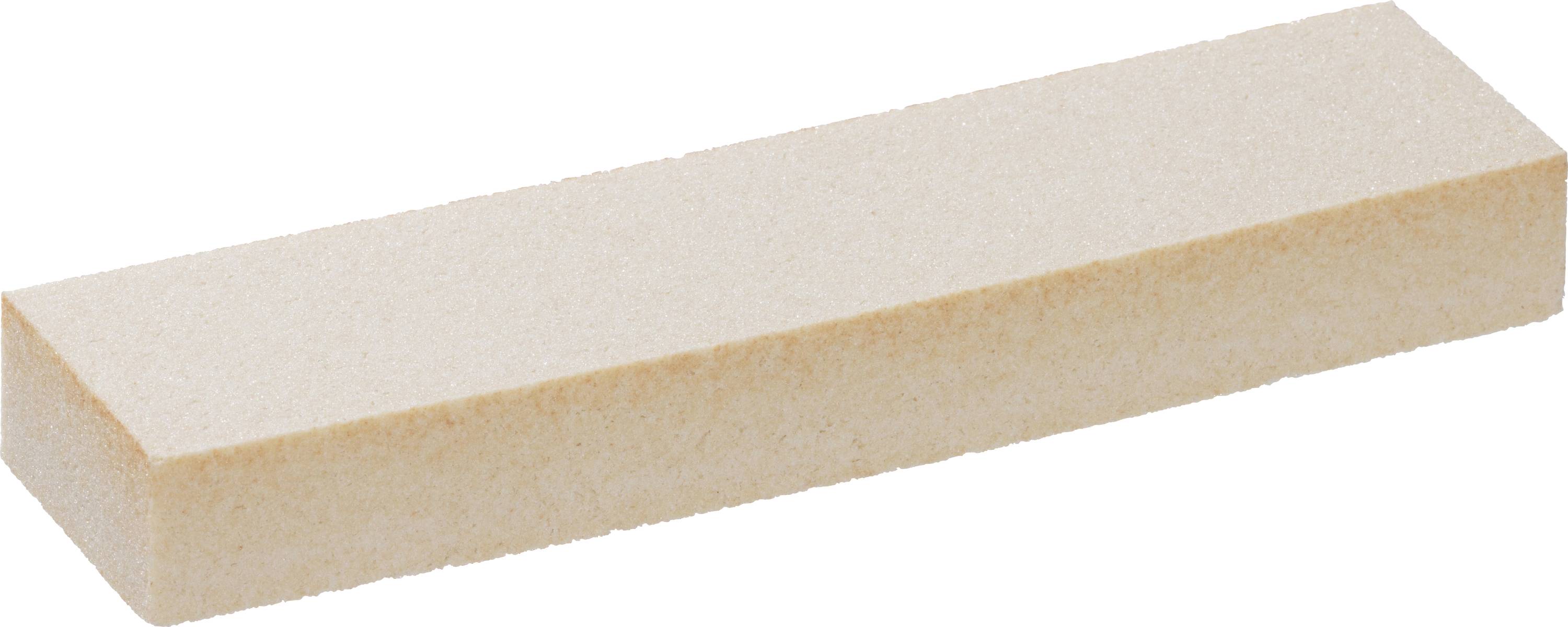 Ein rechteckiger, hellbeiger Schleifstein zum Schärfen von Klingen, der auf einem weißen Hintergrund liegt.