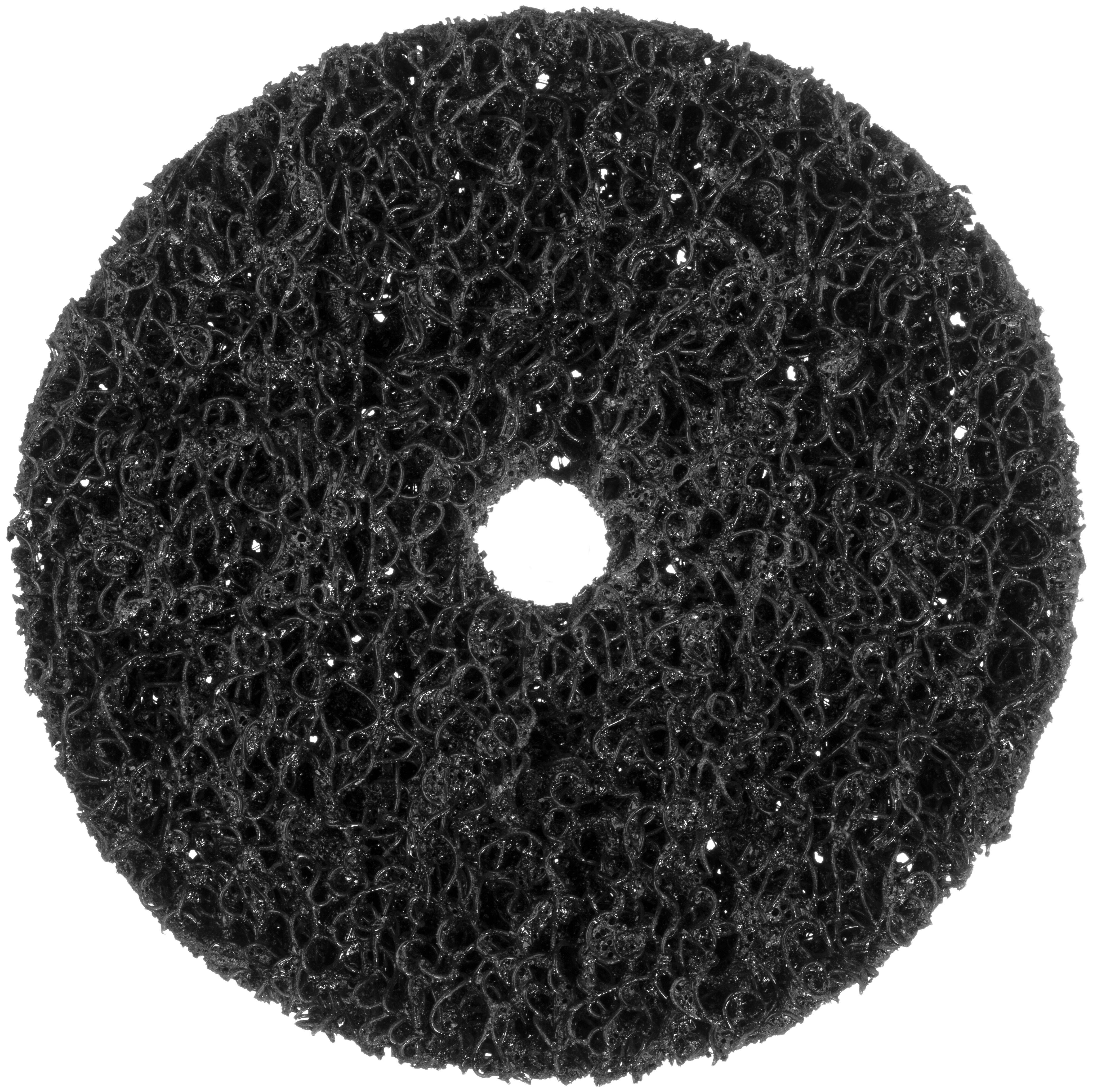 Ein runder, schwarzer, abrasiver Scheuerschwamm mit strukturierter Oberfläche und einem zentralen Loch, der zum Reinigen verwendet wird.