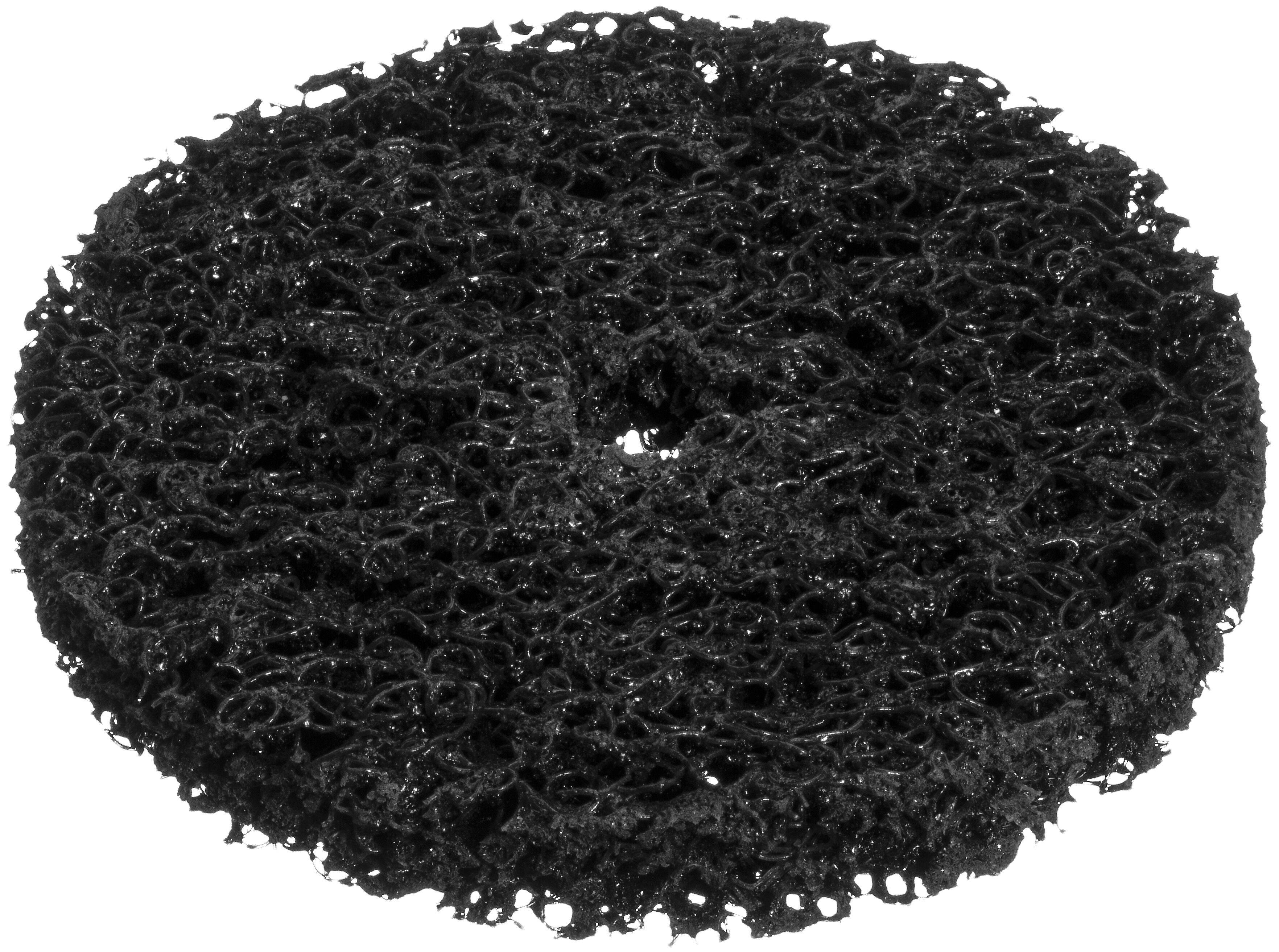 Ein rundes, schwarzes Scheuertuch mit poröser, strukturierter Oberfläche, das üblicherweise für Reinigungs- oder Scheuertätigkeiten verwendet wird.