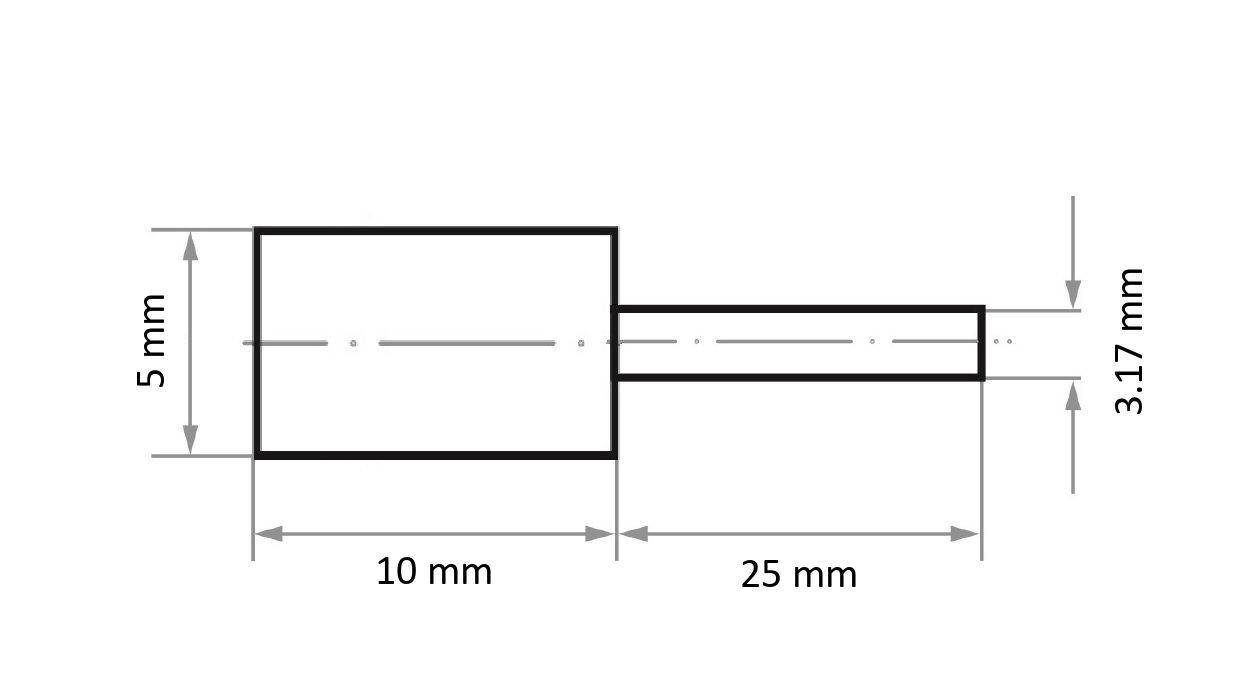 Eine technische Zeichnung zeigt ein rechteckiges Objekt mit Abmessungen: 10 mm mal 5 mm für den Hauptteil und eine 25 mm lange, 3,17 mm breite Erweiterung.