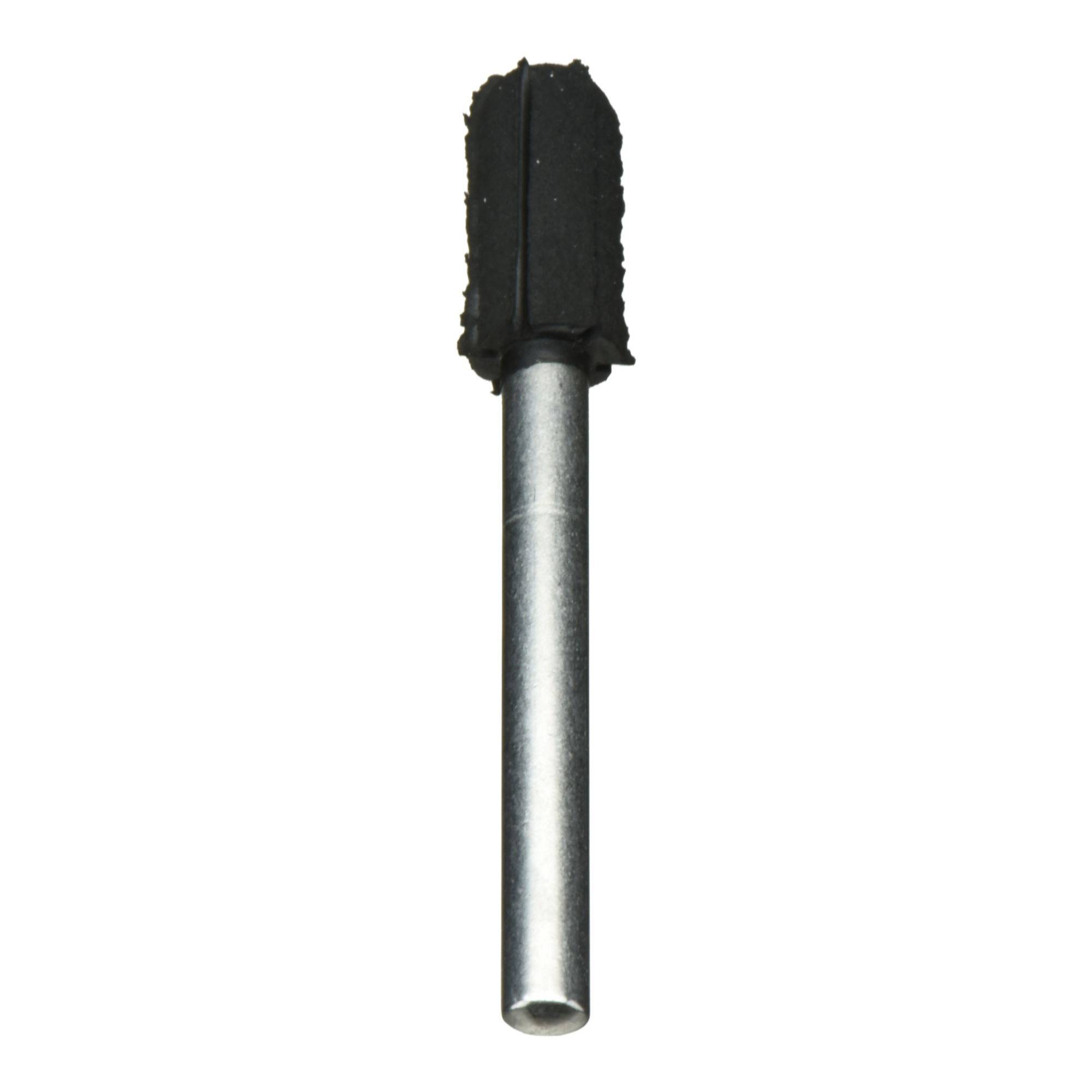 Ein zylindrischer, schwarzer Schleifaufsatz mit silberner Metallschaftung, verwendet für elektrische Rotationswerkzeuge.