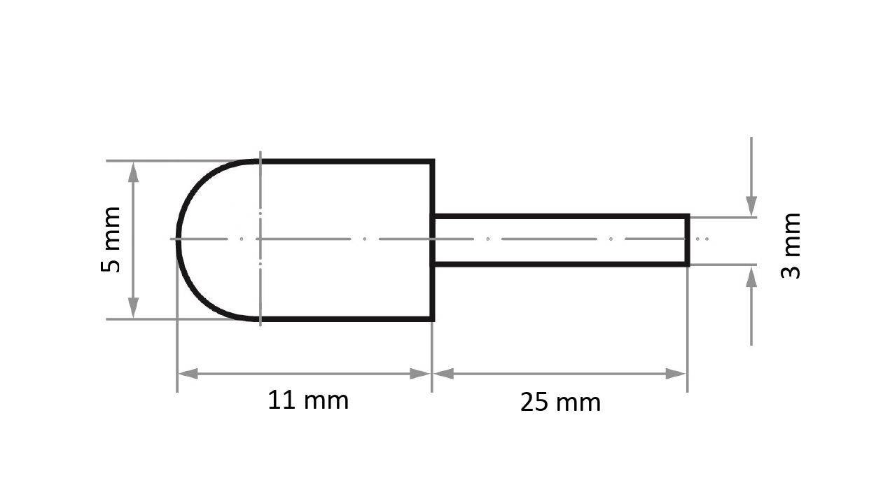 Technische Zeichnung eines Objekts mit einer zylindrischen Form, die 25 mm lang und 3 mm breit ist, versehen mit einem halbkreisförmigen Kopf von 5 mm Höhe und 11 mm Breite.