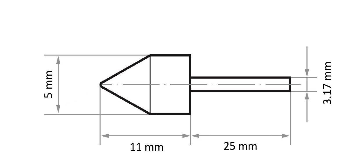 Diagramm zur technischen Zeichnung einer Düse mit Abmessungen: 5 mm Höhe, 11 mm Basis, 25 mm Gesamtlänge und 3,17 mm Durchmesser.