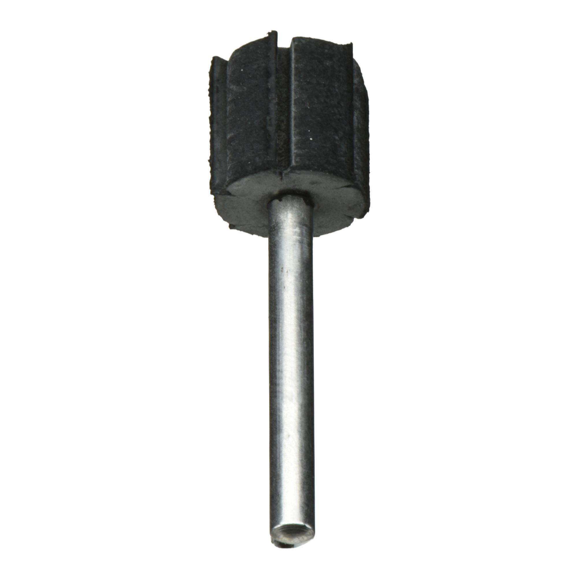 Eine Metallzylinderstange mit einem schwarzen, gummiartigen Rad an der Spitze, höchstwahrscheinlich ein Werkzeugaufsatz zum Polieren oder Schleifen von Oberflächen.