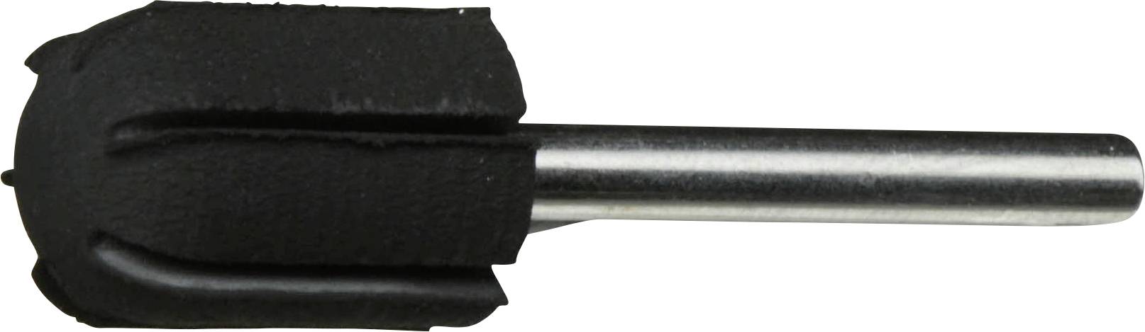 Ein schwarzer Gummi-Poliervorsatz mit einem silbernen Metallschaft, konzipiert für Rotationswerkzeuge, verwendet zum Glätten und Finish von Oberflächen.
