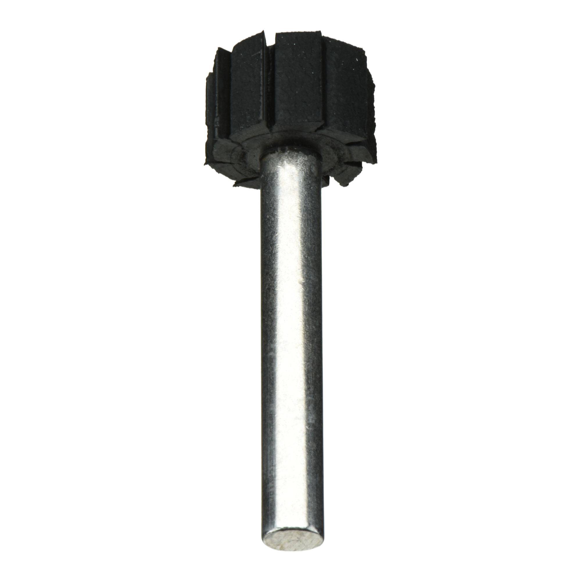 Eine Zylinderstange mit einem schwarzen, sternförmigen Gummi-Schleifkopf zum Polieren oder Entgraten von Oberflächen.