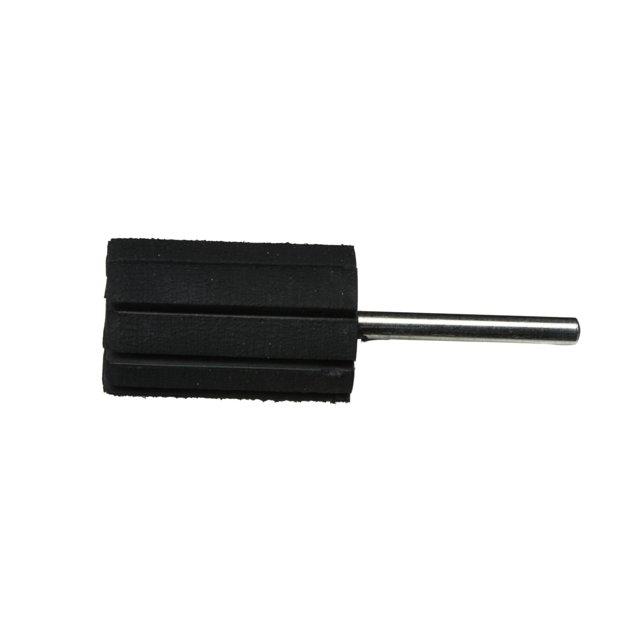 Ein schwarzes rechteckiges Gummi-Polierad mit einem Metallschaft, das für Reinigungs- und Polieraufgaben in der Holz- oder Metallbearbeitung entwickelt wurde.