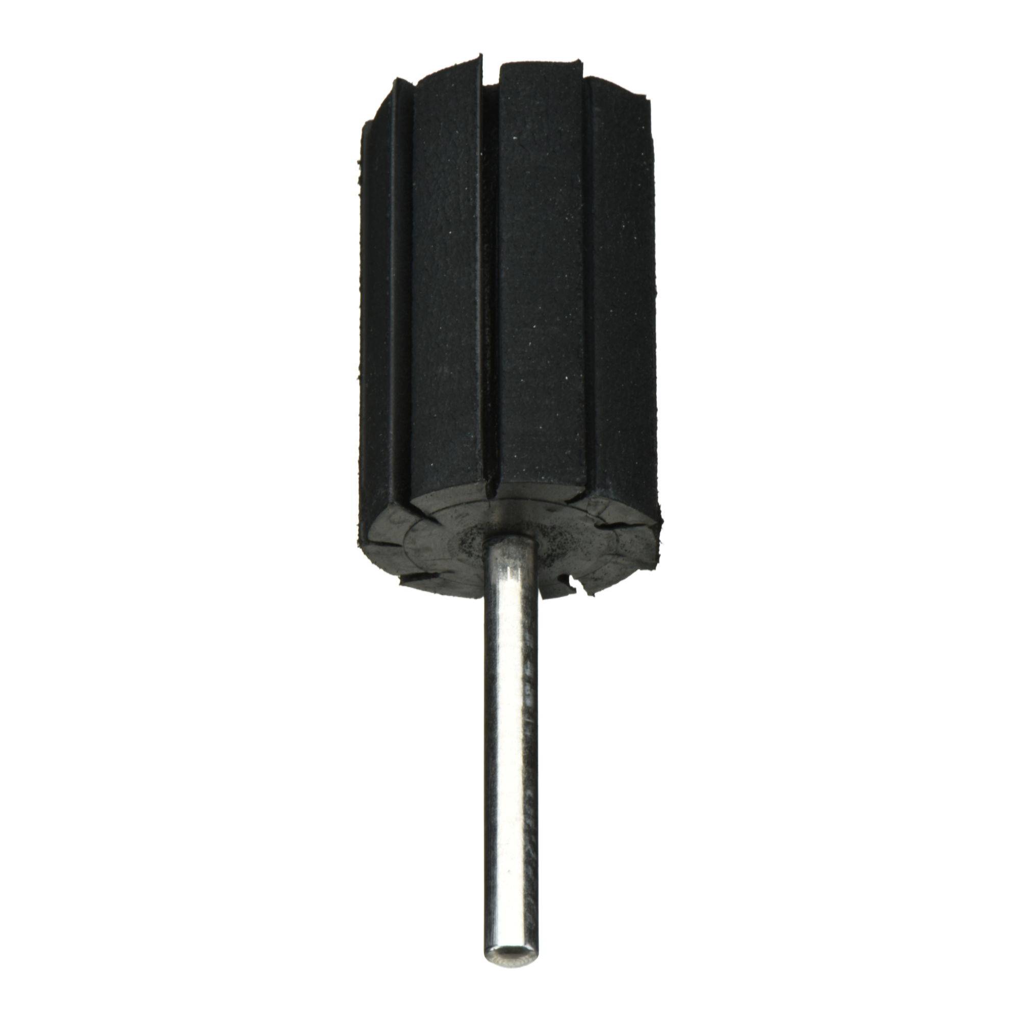 Ein schwarzes Gummi-Polierrad mit vertikalen Schlitzen und einem Metallschaft zur Befestigung, das zum Schleifen oder Polieren von Oberflächen verwendet wird.