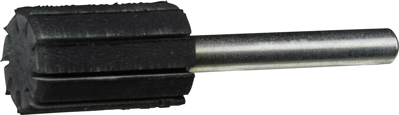 Ein schwarzer abrasiver Gummipolierer mit einem zylindrischen Metallschaft, der für Polierarbeiten verwendet wird.