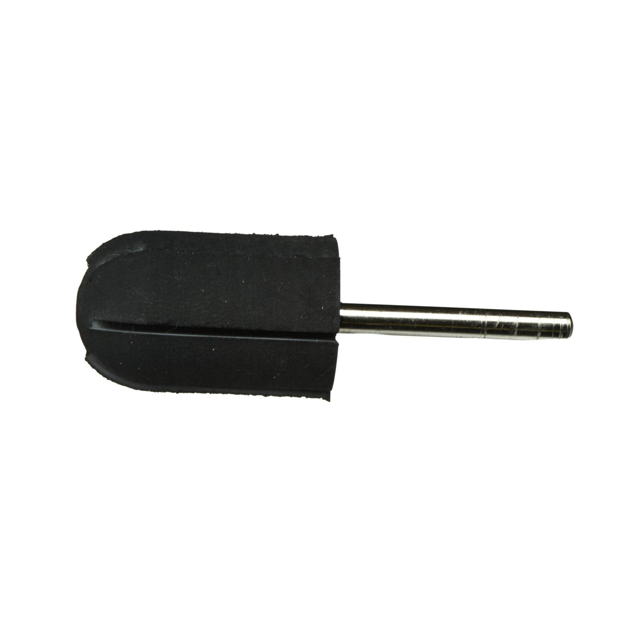 Ein vertikales schwarzes Gummipolierad mit angeschlossenem Metallschaft, das in der Metallbearbeitung und Schmuckherstellung zum Glätten und Polieren von Oberflächen verwendet wird.