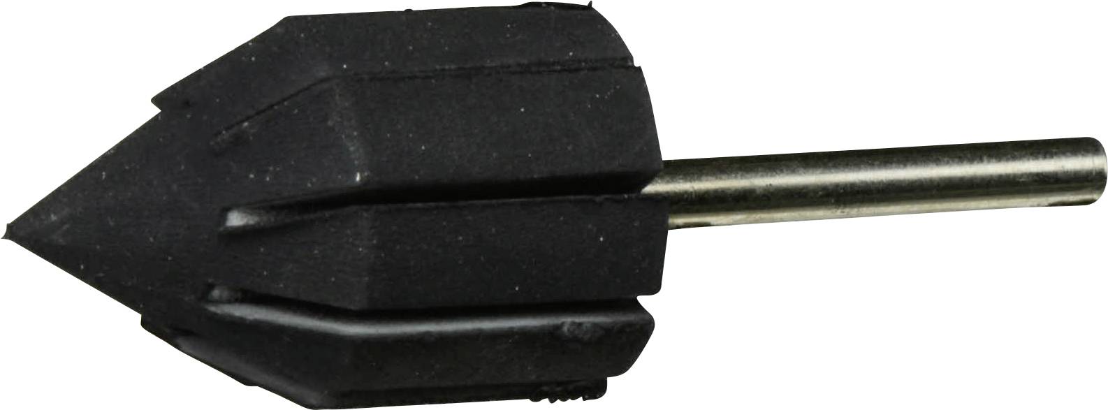Ein schwarzes Schleifwerkzeug mit einem spitzen, mehrflächigen Kopf und einem Metallschaft, das für präzise Schleif- und Formungsaufgaben konzipiert ist.