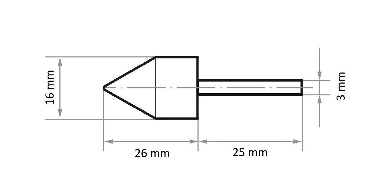 Eine technische Zeichnung eines zylindrischen Objekts mit konischer Spitze, beschriftet: Höhe 16 mm, Basis 26 mm, Erweiterung 25 mm und Durchmesser 3 mm.