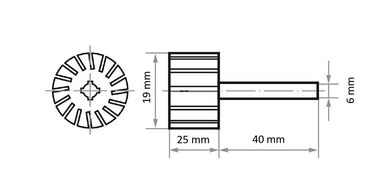 Technische Zweipunktzeichnung eines zylindrischen Objekts mit Abmessungen von 19 mm x 6 mm für die Vorderansicht und 25 mm Länge sowie 40 mm Stabenlänge für die Seitenansicht.