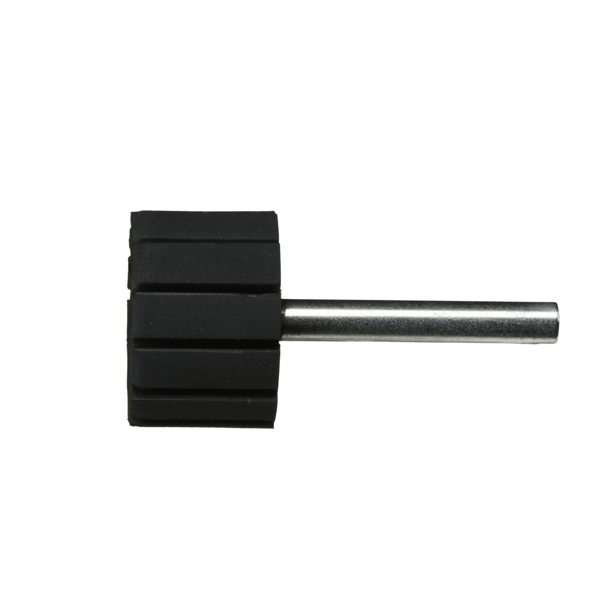 Ein kleines schwarzes Gummirad, das auf einer silbernen Metallstange montiert ist, höchstwahrscheinlich eine Komponente eines Werkzeugs.