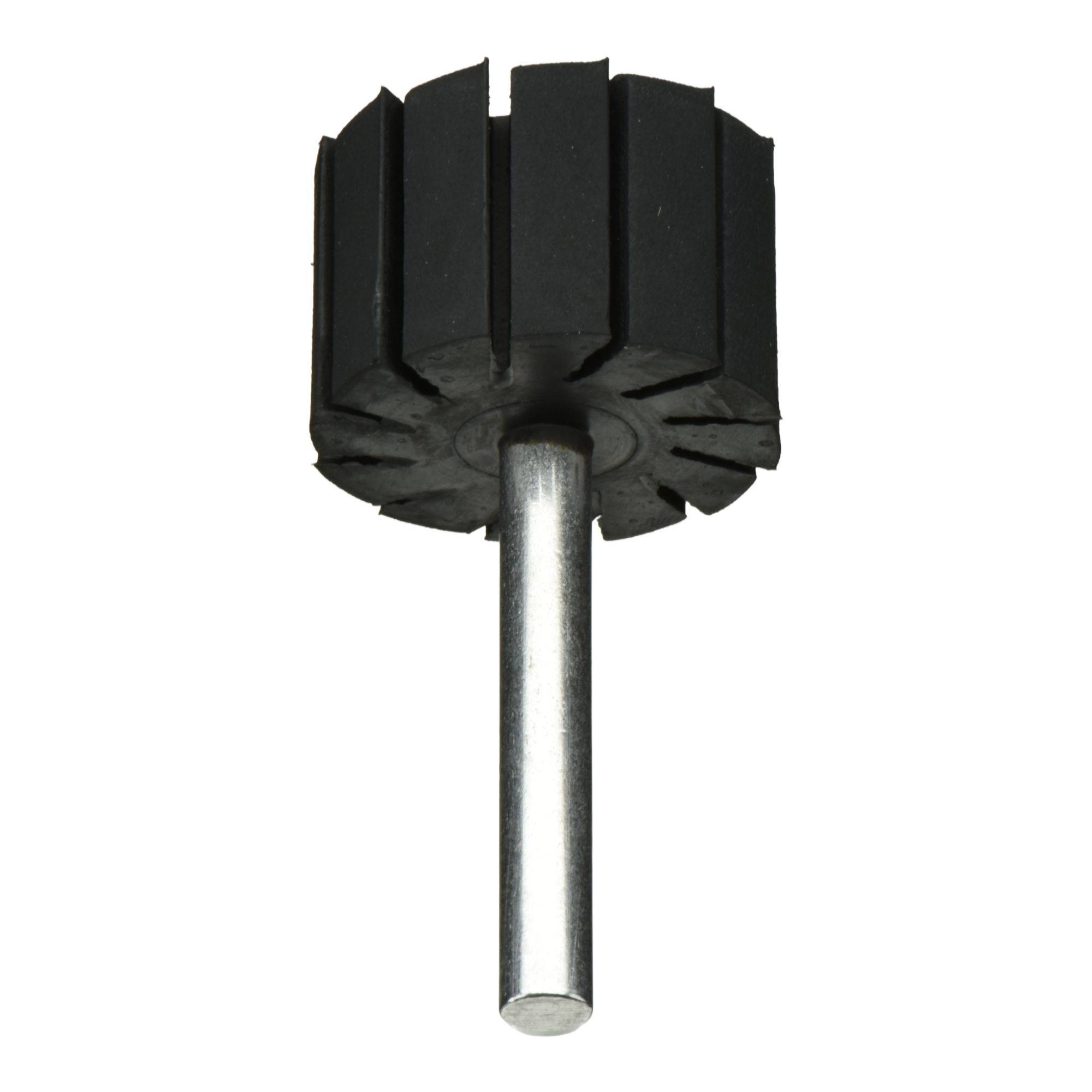 Ein zylindrischer Rotationswerkzeug-Aufsatz mit schwarzen Schleiflamellen, die an einer Metallachse befestigt sind und zum Polieren oder Schleifen von Oberflächen verwendet werden.