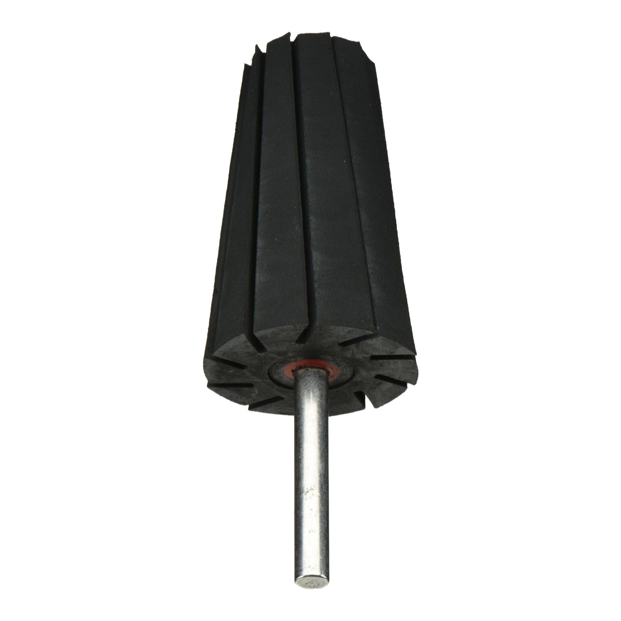 Ein schwarzes, konisches Gummi-Polierscheibe mit einer zentralen Metallachse, die zum Aufbereiten oder Polieren von Oberflächen verwendet wird.