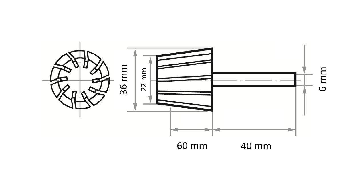 Eine mechanische Zeichnung eines zylindrischen Werkzeugs mit folgenden Abmessungen: Durchmesser 36 mm, Länge 60 mm, Schaftdurchmesser 6 mm und Schaftlänge 40 mm.