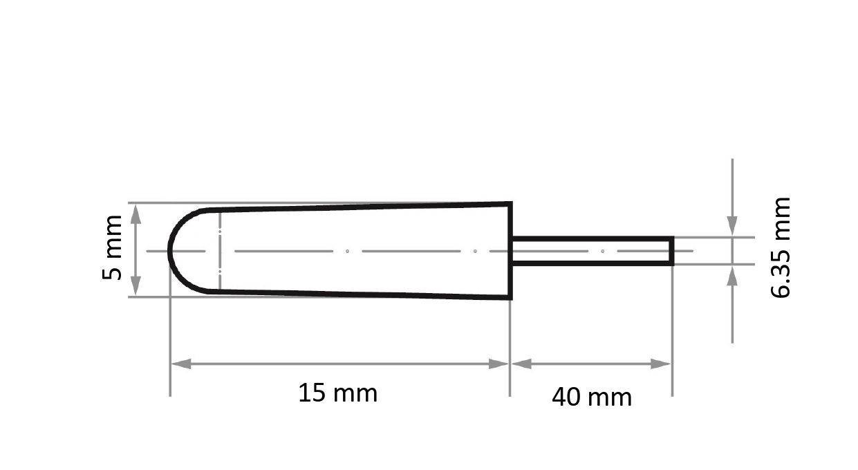 Diagramm eines zylindrischen Objekts mit abgerundeten Enden, 15 mm lang und 5 mm hoch, an einem Griff, der 40 mm lang und 6,35 mm breit ist.