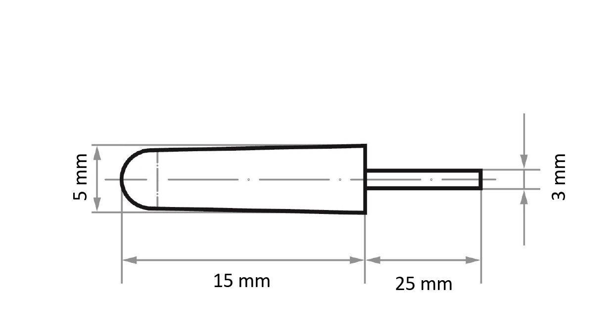 Technische Zeichnung eines zylindrischen Objekts: Gesamtlänge 25 mm, Durchmesser 5 mm, mit einem 15 mm Segment und 3 mm Verbindungsstab.